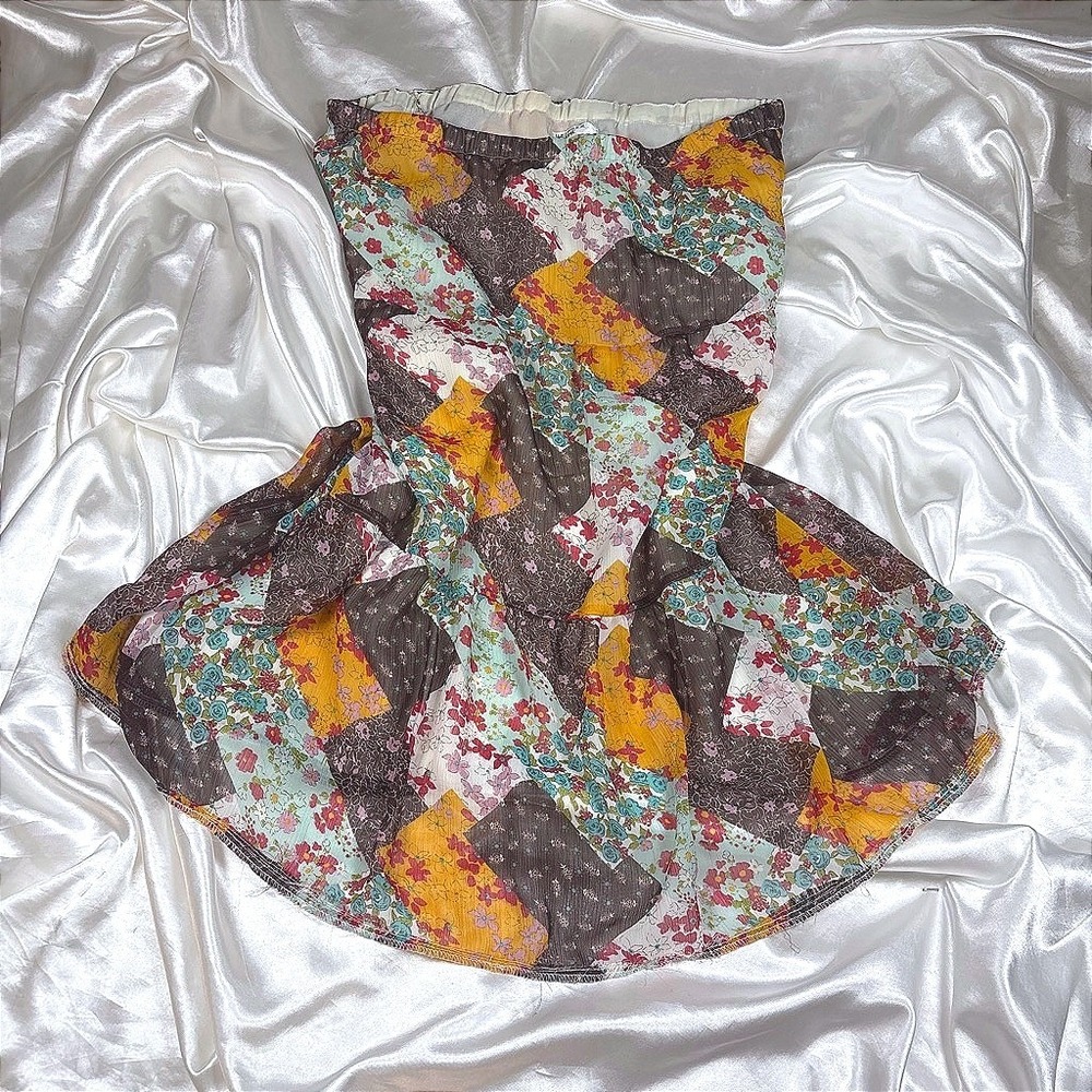 y2k Strapless midi skirt Brown Excellent Patchwork Floral Tiered Uniform JPR L